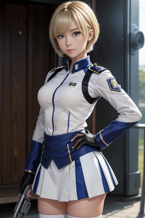 15-year-old girl、Earth Federation Operator Girl Soldier、((Shiny skin 1.5)),((Sweaty 1.3)),((Blonde Short Hair))、Cute like an idol、Childish face and appearance、Accurately drawn face and skirt of Earth Federation uniform))、White and blue uniform、(A uniform t...