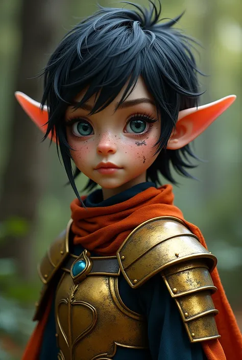 Wood elf with beige skin. Short black hair and dark blue eyes. 1.70 CM of height. The ears of the elf were cut. A paladin with a Golden and black armor. Very big eyes AND a scarf.
The ears were cut AND the face has some scars around it