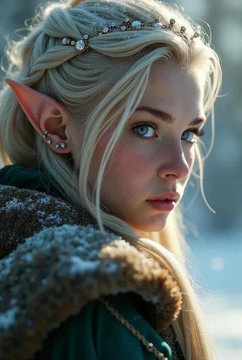 masterpiece, highest quality, so many elf squads on the line, very beautiful extremely detailed face and eyes, detailed full body, detailed hair, detailed legendary archer outfit, (low angle view), snow, colorful, cinematic lighting, photorealistic, 8k, hy...