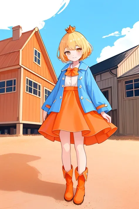 Girl 1,blonde hair,short hair,Big eyes,Eye Color((sky))[Blue],crown,Colored short coat(Red),Colored shirt(orange),Two-layered skirt on top color((orange))Color wash(white),Boots,Wooden house background,look at the viewer,Smiling sweetly,Highly detailed,Cin...