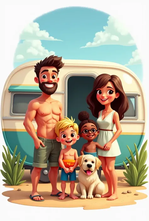 logo of a family of 5 with a dog in front of their caravan. The tall, dark-haired dad with a short beard dressed in shorts , the brown haired mom with bangs and tan who is dressed in a beach dress, un petit garçon de 7 ans cheveux blonds en brosse avec des...