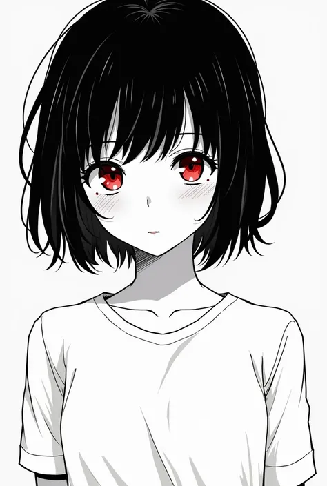 In jujutsu kaisen manga style a young woman short stature, with black hairy shoulder lenght, Red eyes a calm and shy expression, Half body, She wears a White shirt, manga style in black and White only the eyes colored