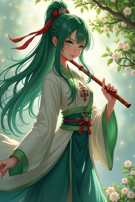 Beautiful girl using a long flute as a weapon, green hair, Tower of Fantasy style Chinese clothing