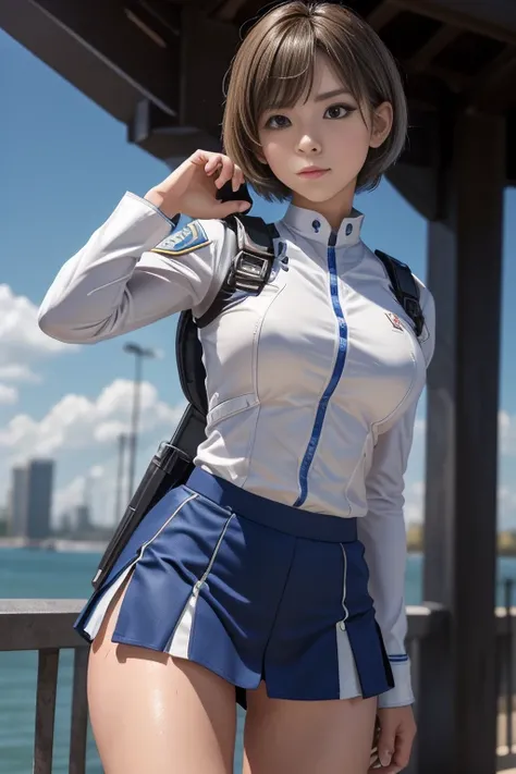 15-year-old girl、Earth Federation Operator Girl Soldier、((Shiny skin 1.5)),((Sweaty 1.3)),((Silver short hair 1.6))、Cute like an idol、Childish face and appearance、Accurately drawn face and skirt of Earth Federation uniform))、White and blue uniform、(A unifo...