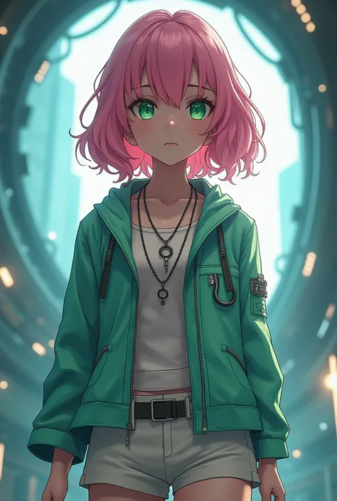 Ghibli style,future world,Sci-fi architecture,A beautiful cyberpunk female image，Perfect proportion,Green pupils,Pink Hair,Standing，Full body portrait, ((Best quality)), ((masterpiece)), (detail:1.4),Flat viewing angle，Maximum clarity and clarity,Multi-lay...