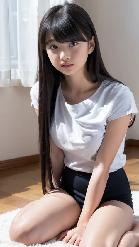 high resolution、highest quality、masterpiece、beautiful japanese 13 year old girl、white skin、small breasts、the whole body is shown...