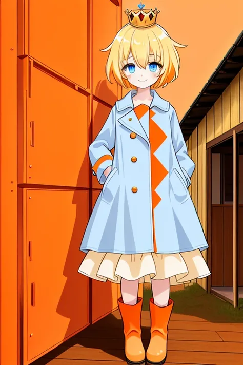 Girl 1,blonde hair,short hair,hair between the eyes,Big eyes,((blue eyes))(blue eyes),crown,Colored short coat(Red),Colored shirt(orange),Two-layered skirt on top color((orange))Color wash(white),Brown boots,Wooden house background,look at the viewer,Smili...