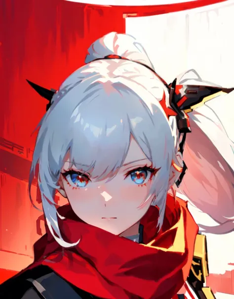 Anime girl with white hair and red scarf standing in front of a red wall, from Ark of Tomorrow, Fine details. Girls Frontline, from Girls Frontline, Ayaka Genshin Impact, Girls Frontline style, Azur Lane Characters, Girls Frontline universe, Ark of Tomorro...