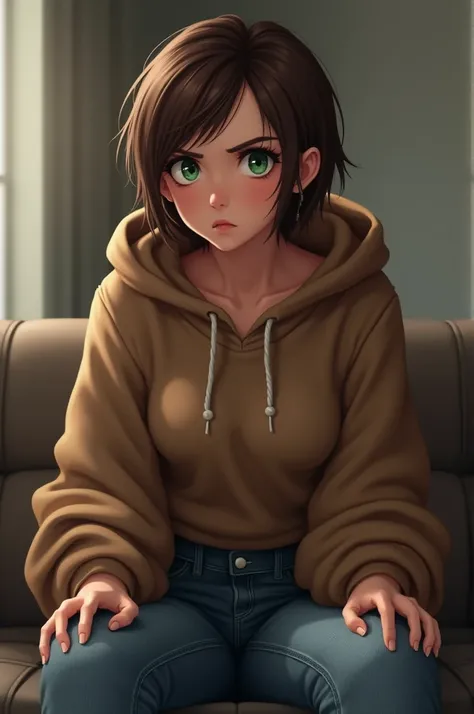 Short brown hairs, sitting on couch, looking annoyed, like if she wanted to not be here, oversized brown hoodie and jeans, she have big thights, her eyes are green