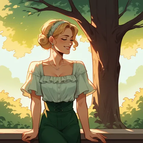 A delicate anime-style illustration. Midsummer in Paris, cinematic lighting, a Starbucks on the hill of Montmartre, a seat in the shade of a tree, a beautiful Parisian woman with a short blonde bob leaning on her elbows and thinking, fashionably dressed, s...