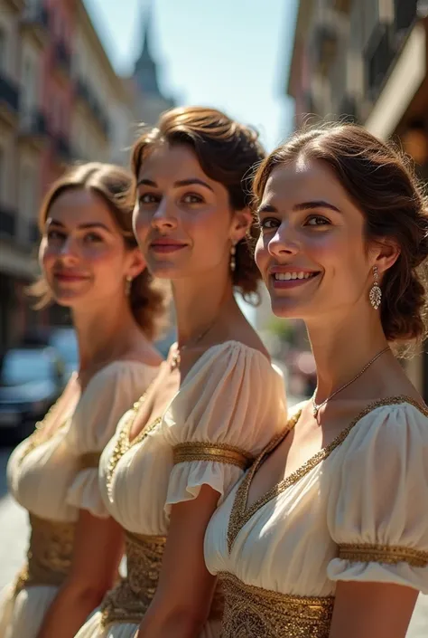 A digital portrait photo of 4 sweet smiling women perceived as 25 years old Elizabeth II and Maude Adams and Sandra Bullock in the late 1800s Batavia City, masterpiece, perfect face, perfect eyes, insanely detailed and intricate, natural light, super detai...