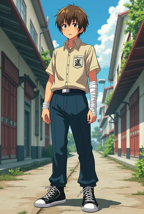 Male teenager with straight brown hair and a tired face and the Jujutsu Kaisen school uniform but with bandages on his arm and waist and high-top sneakers in an anime comic style