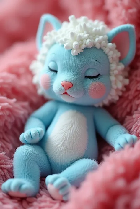 Light blue and red color scheme， nipple，little body，，White curly hair, high detail, best quality, supper detail, detail eyes, 5/6 body, pink pussy, sleeping