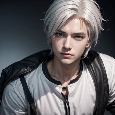 Create a male character with white hair and dark brown eyes. The drawing needs to look like an anime