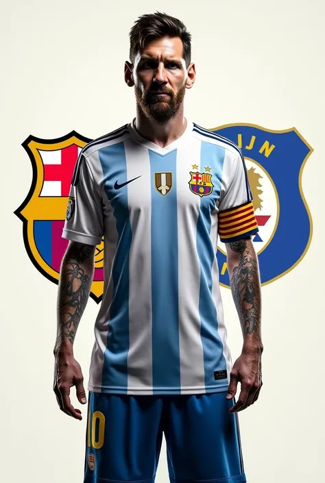 A photo of Messi combined with the Barca and Chivas crests
