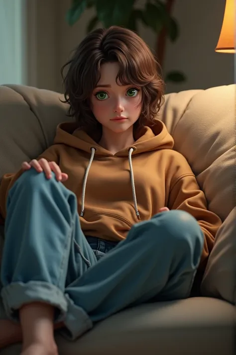 Short brown hairs, laying on couch, looking annoyed, like if she wanted to not be here, oversized brown hoodie and jeans, she have big thights, her eyes are green