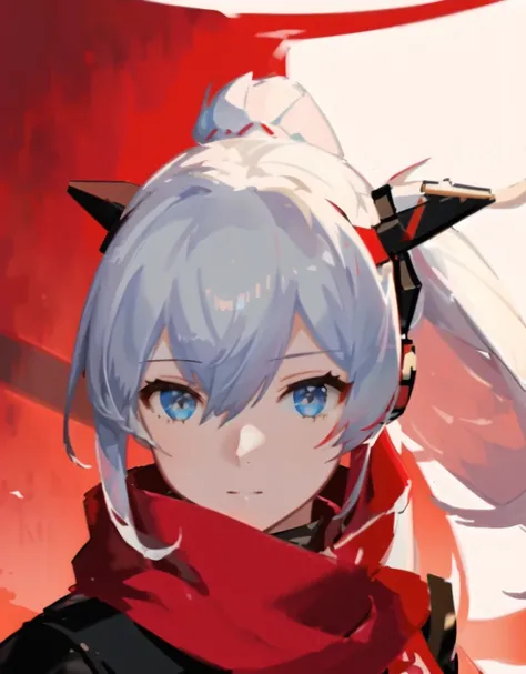 Anime girl with white hair and red scarf standing in front of a red wall, from Ark of Tomorrow, Fine details. Girls Frontline, from Girls Frontline, Ayaka Genshin Impact, Girls Frontline style, Azur Lane Characters, Girls Frontline universe, Ark of Tomorro...