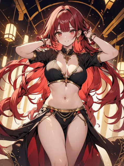 (masterpiece, Highest quality: 1.2), 1 female, Dancing Alone, Unique golden eyes, Long red curly hair, jewelry, Perfect Anatomy, Perfect body, traditional belly dance dress, sexy, hot, Beautiful background, 
