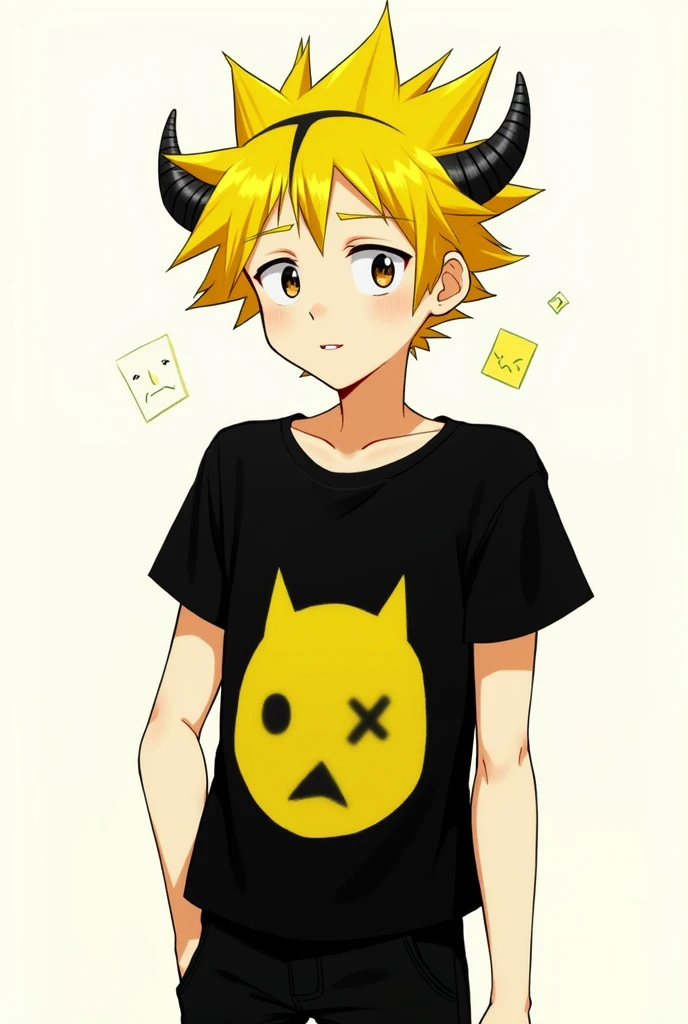 Genre:male&#39;yellow hair,with a yellow paper with a little face,with horns and a black line in the hair,black short sleeve shirt with a yellow face,Black pants