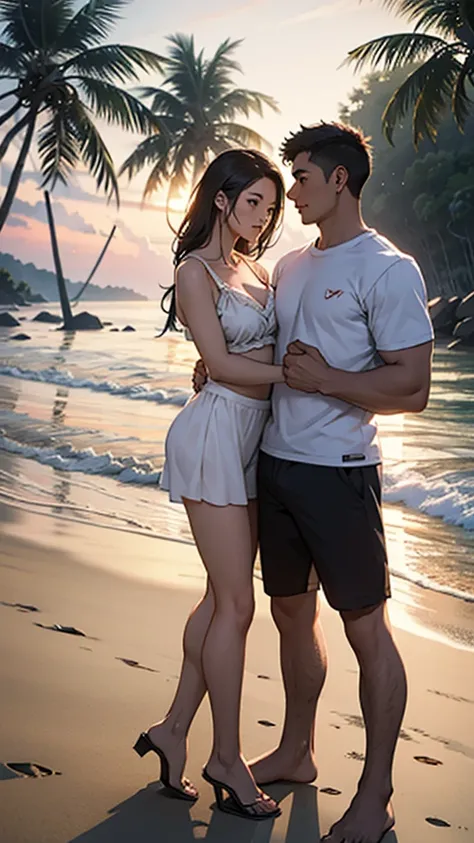 A beautiful young couple romancing on the beach The couple is wearing short clothes The woman has big hips It is evening There are coconut trees nearby