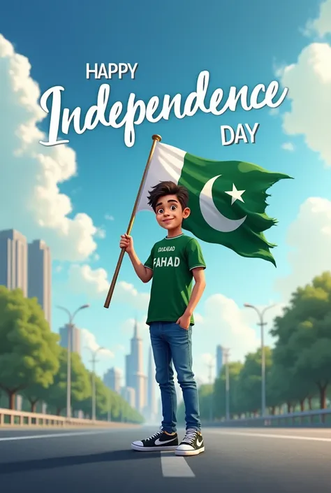 A real 20 years old boy, Wearing Green T shirt blue jeans sneakers and the name “FAHAD” is written on his t-shirt and the boy is standing on the road with holding a national flag of Pakistan, and behind him is the Islamabad. And written on sky “Independenc...