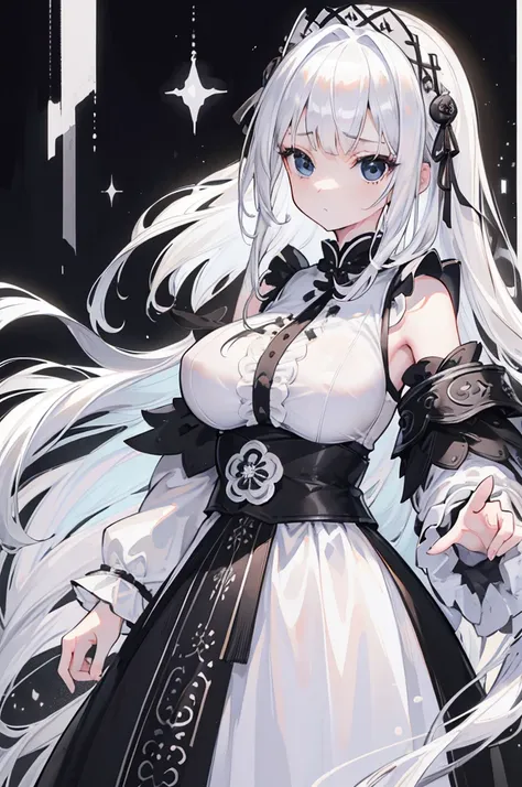 (Top image quality)、(Very detailed)、(Facing forward)、Top quality、masterpiece、(((1 girl )))、Silver Hair、White hair、((Long hair))、Weaving、(black eyes:1.6)、(White and black cheongsam)、Hooded dress、Lots of decorations、Lots of ribbons、White Ribbon、She looked gr...