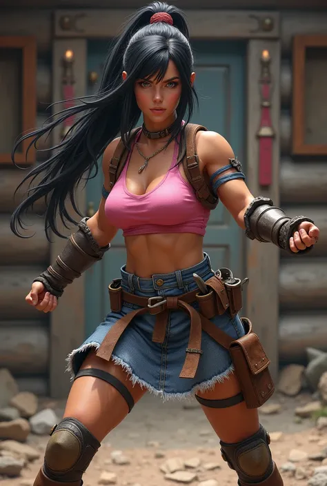 woman、gloves、Utility Belt、Log House、Trained biceps、Long Hair、Martial artist、Pink clothes、Shingard、Knee pads、Shoulder Armor、head band、Denim skirt、tights、Black Hair、Elbow pads、Realistic