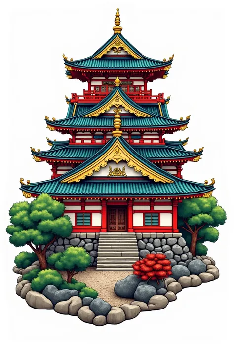 Colorful Japanese castle for a tattoo with white background 