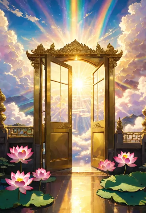 A golden antique door opens wide. Filled with golden light. Above the clouds. Behind the door is a lotus blooming in golden yellow and pale pink. Cross the Rainbow Bridge.