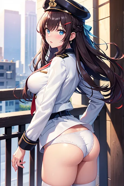 A beautiful 20 year old girl in uniform posing on a balcony with a hat, anime girl, she looks back, military hat, red puffy miniskirt, white blazer, white stockings, big round breasts, cute ass, white panties, standing, blue sky, looking back at viewer, da...