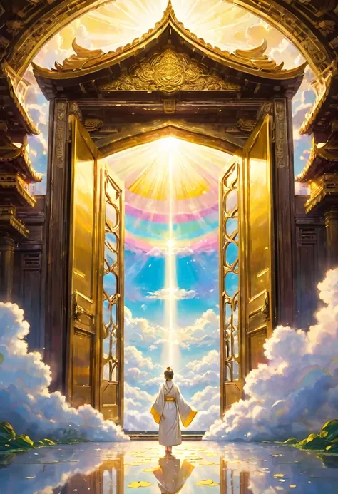 Look up from below. A golden antique door opens wide. Filled with golden light. Above the clouds. Behind the door is a lotus blooming in golden yellow and pale pink. Cross the Rainbow Bridge. People in white robes cross to the other side of the door.