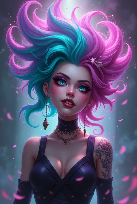 Create an image of Jinx on Seraphine&#39;s body,in a style similar to that of Splash art