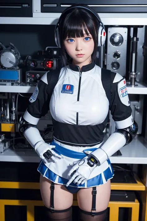 masterpiece, best quality, extremely detailed, Japanese android girl,Plump ,control panels,Mechanical Hand,Robot arms and legs, robot assembly plant,white robot body,blunt bangs,skirt,black knee high socks,blue  eyes