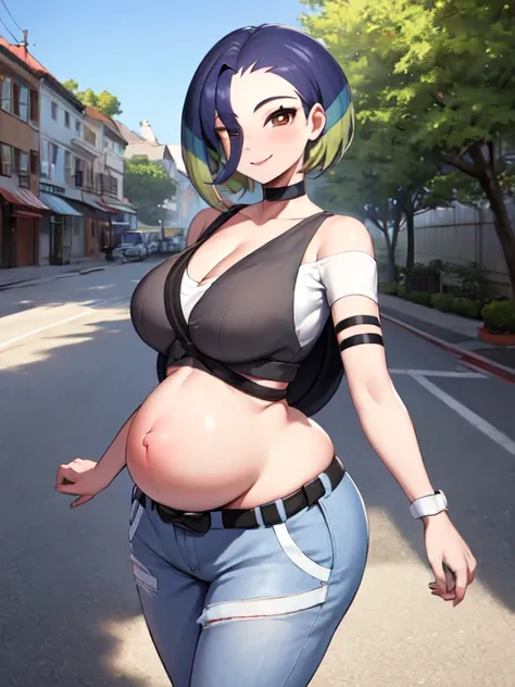 (masterpiece, best quality:1.2), highres, solo, 1 pregnant girl, perrin, smile, looking at viewer, walking, crop top, pants, cho...