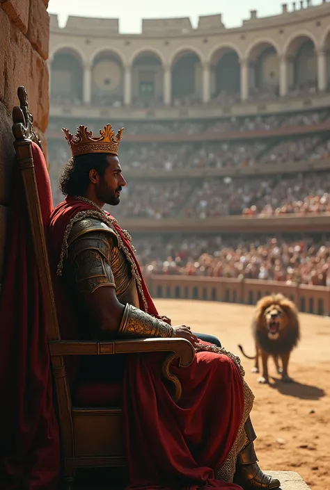 king at a throne at high bleacher watching a lion bite an armored gladiator in a colleseum 