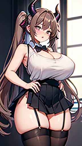 masterpiece, Highest quality, High resolution, chromatic aberration, Light purple eyes, Wide Hips, Thick thighs, Sleeveless, abdomen, Light brown hair, Cleavage, Long Hair, Twin tails, Asymmetrical bangs, Striped Hair, Tank top, Black knee socks, Micro Ski...