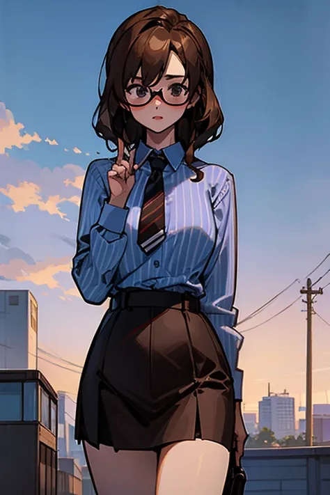 high quality, masterpiece, detailed image, young woman, kiriyu moeka, brown office skirt,sky blue shirt, breasts size 6,skirt wi...