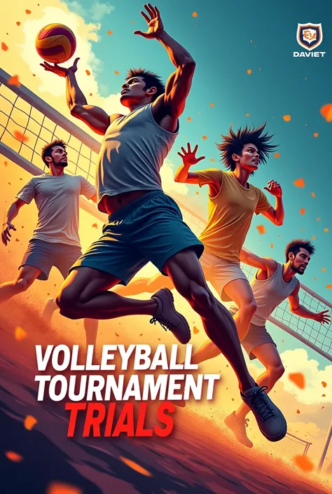 Generate a volleyball trails poster for  males and females   college name DAVIET  text written volleyball tournament trails with an Indian male jumping and smashing the ball