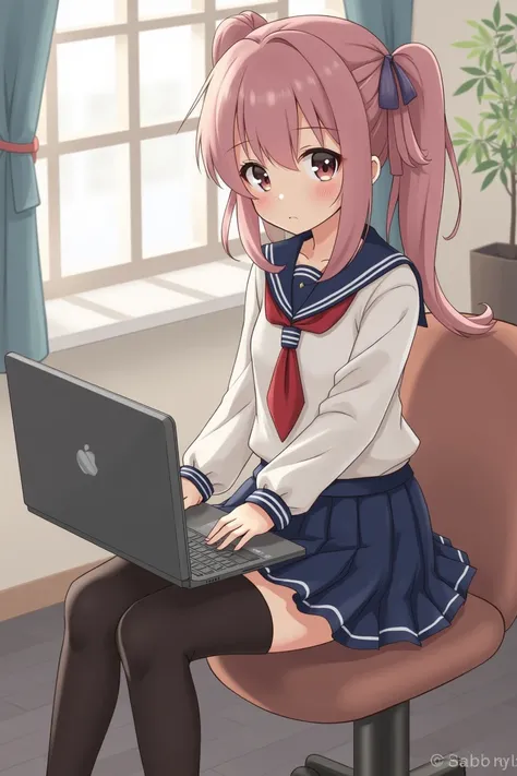 Anime girl sitting on a desk with a laptop in front of her