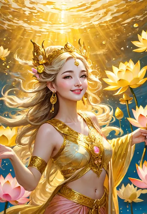 Look up from below. A beautiful goddess walking on the golden sea. She is a timeless beauty. She has a high nose and thick lips and smiles kindly. Wisdom is visible in her eyes. The lotuses are blooming in golden yellow and pale pink. A fantastic world.