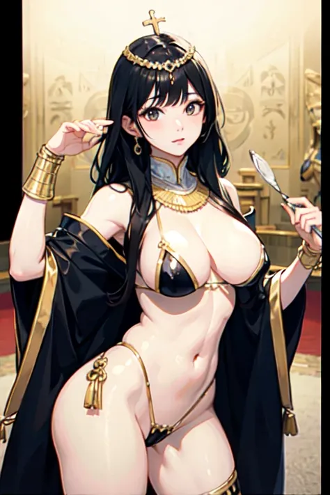 Top quality, perfect anatomy, ultra-detailed, a seriously polite Japanese boy is transformed by the priests into a busty Egyptian princess and presented before the Pharaoh.