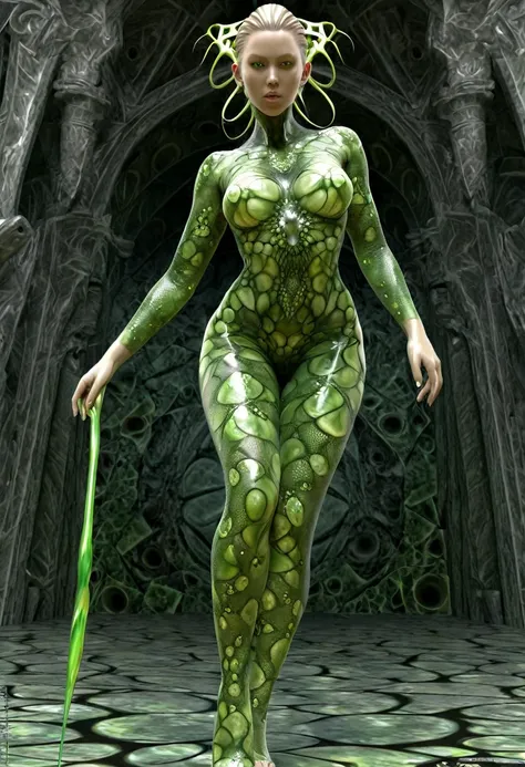 Nurgle as a woman,displaying her own power.(( Full figure wiew)). ((Three quarter wiew)).((fractal)),((deep wiew)),photographic,ultra high resolution,hyperdetailed, masterpiece, 3d modelling, digital art. 