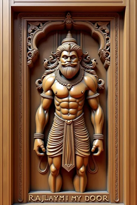 A realistic 8k wooden piece of carved with a lord hanuman  by name of RAJLAXMI MY DOOR on it