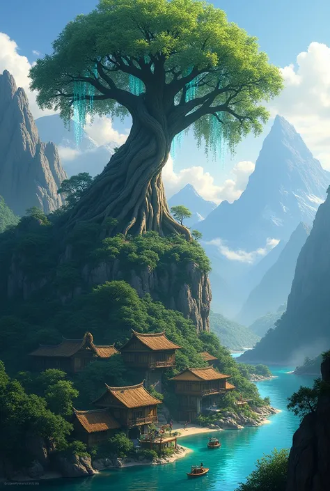 Avatar tree on the top of the mountain side of the river village on the right side 