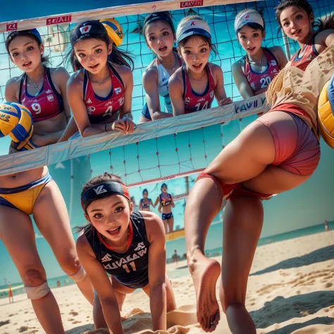 ExtremelyDetailed (((Beach Volleyball Team Kawaii Kids in a row:1.4))), Childish perfect face, Reflective Eyes, Detailed(Delicate Clothing textures), Corrected Leg to Foot Line, Corrected Perfect Hand, Dynamic Joyful Expressions LifeLike Rendering, ((Specu...