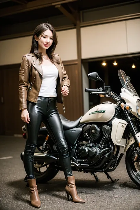 ((best quality)), ((masterpiece)), ((perfect face))、（Detailed Motorcycle）、Detailed and clear photos、((Motorcycle Women))、slender body、((Khaki riding jacket and leather pants))、smile、((posing next to a motorcycle))