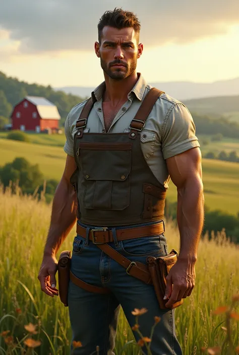 A handsome man in front of a farm