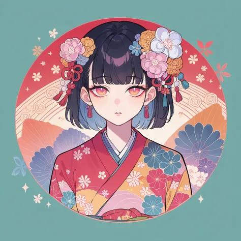 Japanese style, An intricate anime-style illustration of a girl with dark hair and large, expressive eyes. She is wearing a highly detailed, vibrant colorful kimono with geometric and floral patterns. The background features abstract, pastel-colored shapes...