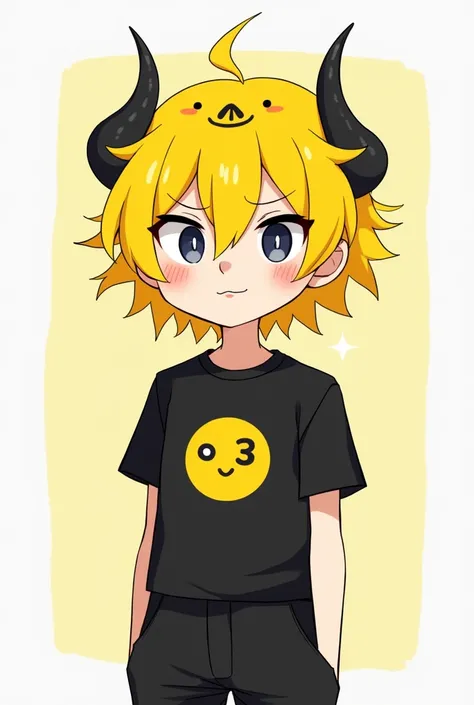 Genre:male&#39;yellow hair,with a yellow paper with a face of :3,with horns and a black line in the hair,Black short sleeve shirt with a face of :3 yellow,Black pants