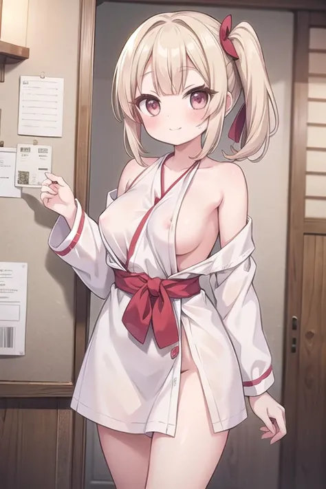 1 Cute naughty shrine maiden, Pastel colors hair, medium breasts, Thighs, short hair, (beige hair, parchment hair), (naked:1.3), (forehead:1.2, bangs pinned back, asymmetrical bangs, hairclip, side ponytail:1,2), standard height, (light smile, Large eyes, ...